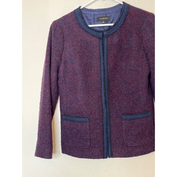 Talbots Boucle Tweed Jacket Blazer Hook Closure Wool Blend Navy Wine Trim Size 8 - Picture 2 of 9